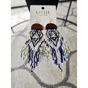 Kay Lee Wood Beaded Fringe Earrings New